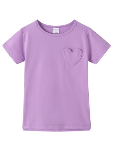 Image of Noomelfish Girls Short Sleeve Heart Pocket T-Shirts Casual Cotton Tee Tops Blouse (5-12 Years)