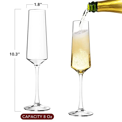 Chouggo Champagne Flutes Glass Set Of 6, Hand Blown Glasses - Hand Crafted By Artisans - Premium Crystal - Gift For Birthday, Wedding, Anniversary, Christmas - 8Oz, Clear #TOP4