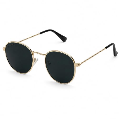 Óculos De Sol Solon Unissex Redondo Dourado Lentes Escuras UV400 Armação Metal Fina Estilo Retrô Clássico Fashion Para Praia Viagem Dirigir Passeios Uso Diário Casual Urbano Proteção Solar Elegante