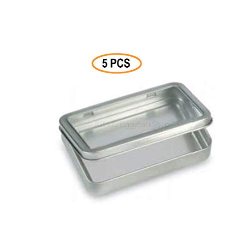Image of Blank Empty Survival Kit Tin Storage Boxes - Lightweight Metal /Silver Container Cases with Clear Window Hinged Lid 5.38 inch x 3.5 inch (5 Tins)