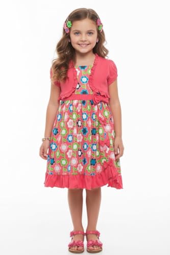 Image of ToBeInStyle Girls Two Piece Short Sleeve Dress and Matching Bolero Crop Cardigan Assorted Prints Cotton Blend Summer Outfit