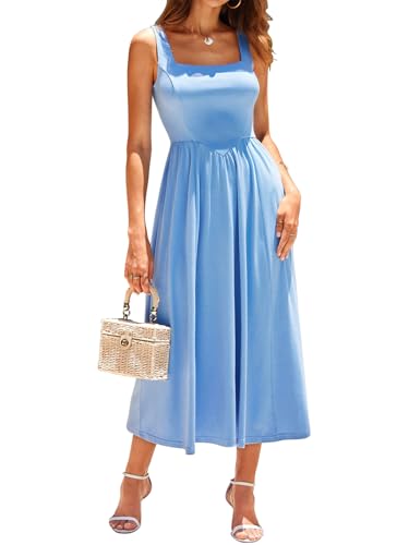 Image of Sureple Midi Dresses for Women 2026 Spring Square Neck Tank Sleeveless A Line Casual Summer Sundresses with Pockets