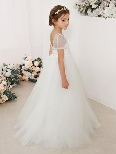 MCieloLuna 2025 Girls Princess Dresses Lace Tulle Flower Girl First Communion Dress Short Sleeve Wedding Pageant Gown4