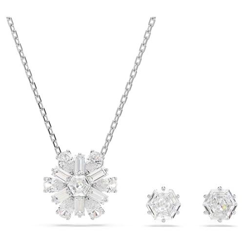 Swarovski Idyllia - Juego de joyas de copo de nieve de corte mixto chapado en rodio, color blanco, Standard, Piedra Metal, Circonita cúbica