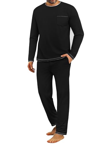 Demegimi Pijama Hombre Invierno Algodon Pijama Hombre Largo Ropa de Dormir Talla Grande de un Solo Color 2 Pieza