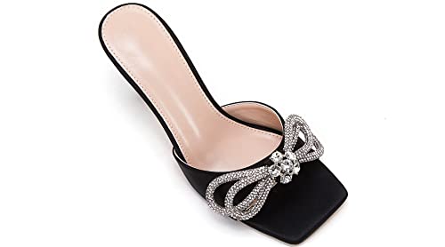 Vetaste Women's Heeled Sandals Square Open Toe Double Bow Satin Mules Heels Wedding Party Slip On Stilettos #TOP3
