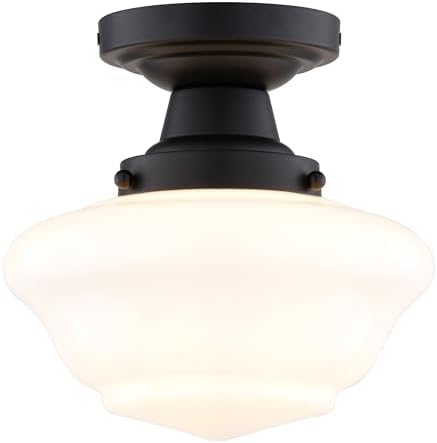 VAXCEL Eastgate 8.75-in W Matte Black Traditional Semi Flush Mount Ceiling Light White Schoolhouse Glass