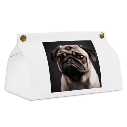 Pug White Tissue Box Cover Rectangle PU Leather Cover for Tissue Boxes Modern Tissue Holder for Bathroom Office Tissue Holders Decorative Cute Napkin Holder for Kitchen Bedroom