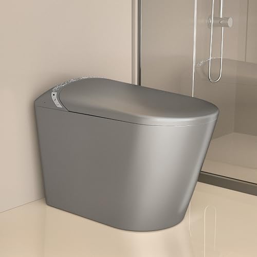 Inodoro inteligente gris con bidé integrado y asiento calefactado | Entrada de 30,5 cm, agua tibia, secador de aire caliente, descarga por sensor de pie, pantalla LED, luz nocturna estrellada, diseño monobloque