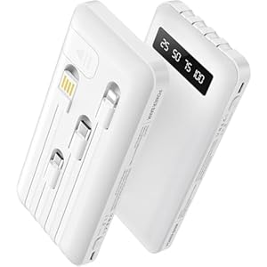 Powerbank 26800mAh mit 4 integrierten Kabel, 22.5W Power Bank USB C Schnellladefunktion mit LED Display & Halterung, Externe Handyakkus für iPhone 17/16/15/14/13/12/11 iPad Samsung Galaxy schneeweiß