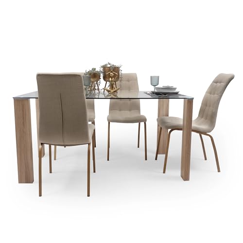 Homely   Conjunto de Comedor Gema ROSSET | Diseño Moderno | Mesa Comedor Cristal |140x90 cm | 4 sillas | Pata de Metal Color Madera | Comedor, Salón, Cocina, Sala | Tela Color Beige