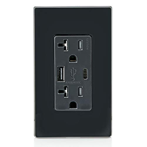Image of Leviton Type A & Type-C USB In-Wall Charger with 20A Tamper-Resistant Outlet, USB Charger for Smartphones and Tablets. Not for Laptops, T5833-E, Black