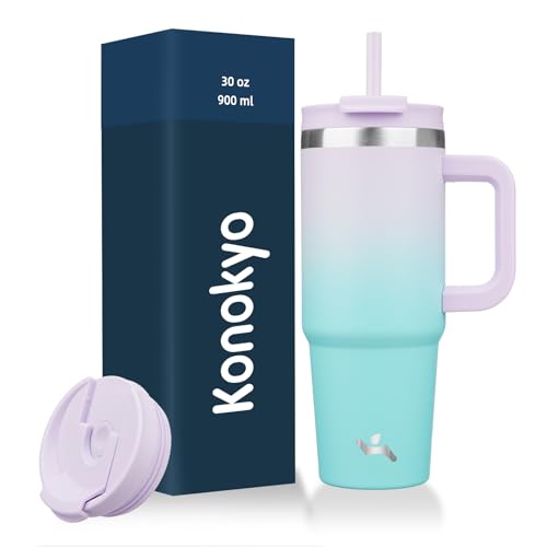 Konokyo 30 oz Tumbler with Handle and 2 Straws,2 in 1 Lid Insulated Water Bottle Stainless Steel Travel Coffee Mug,Lavender Green