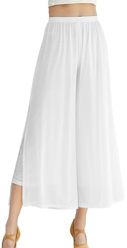 SEAUR Pantalones de baile para mujer, de gasa, pierna ancha, danza oriental, latín, pilates, yoga, palazzo, pantalones de verano, pantalones de ocio, S-XL, Blanco, M