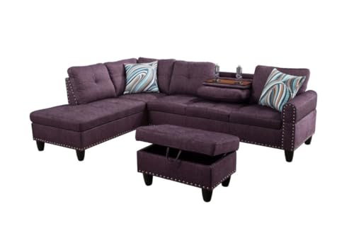 Image of L-Shaped 3-Piece Linen Sofa with Ottoman, Sectional Couch Set for Living Room, Office, Apartment, with Cup Holder, Purple