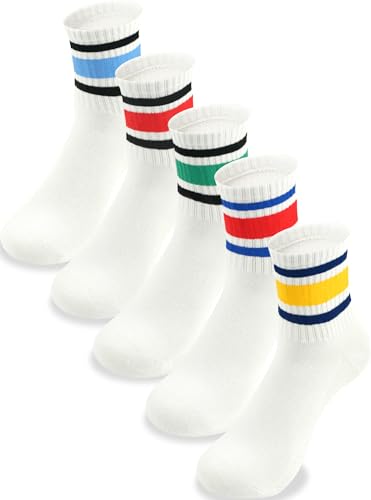 BliBliTaTa Kids Crew Socks 5 Pack For Boys Athletic Soft Cotton Seamless Toe Breathable Durable Anti-slip Sole for 2-4 4-6 6-8 8-10 10-12 12-14 Years Old Size Medium Colorful Stripes
