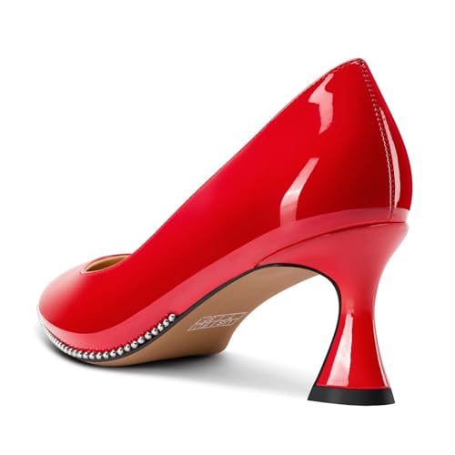Image of TNYNFBEB Womens Mid Kitten Heel Pointed Toe Pumps Slip-on Silver Beaded Prom Party Dress Patent Leather 2.6 Inches Heels