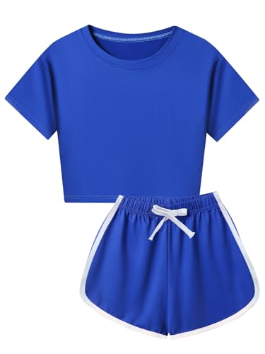 Kids Girls Sports Outfits Cotton Short Sleeve T-shirt Shorts Set For Summer Casual Workout Dance Blue 7-8 Years