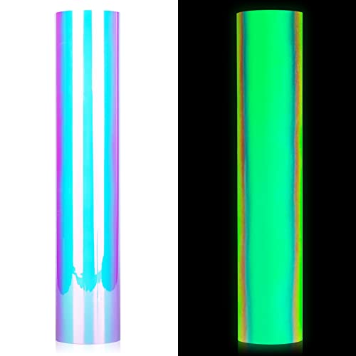 GIRAFVINYL Glow in The Dark Holographic Opal Vinyl - 12” X 6ft Glow in The Dark Permanent Vinyl Opal Holographic Vinyl Permanent White to Green for DIY Crafts Decor,