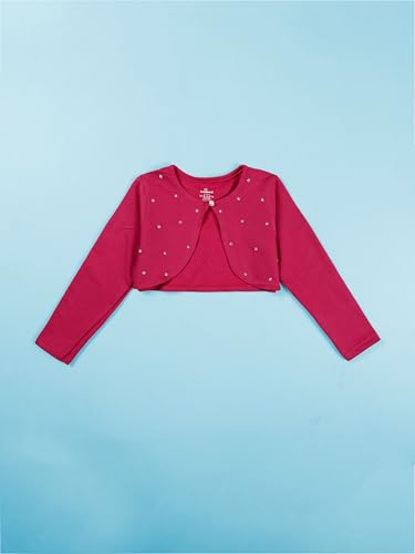 Image of KiddoPanti Girls Fleece Crop Length Shrug | Cotton Poly Fleece Fabric |Sequin Patch on Chest | Front Open Pearl Button Closure | Crop Length, Full Sleeve | Lightweigth & Breathable Girls Shrug