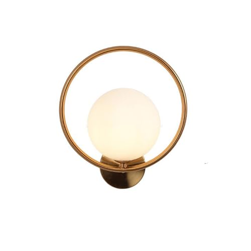 NICRX Aplique de pared con bola de vidrio blanco de 150 mm, globo de vidrio blanco con lámpara de pared con base dorada de latón para mesita de noche