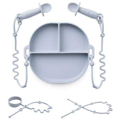 Image of Andy Bear Silicone Plates for Babies with Suction Divided Baby Spoons Silicone Baby Toy Straps All-in-one Plates Silicone Placemat for Babies Toddlers Attachable Tethers & Built-in Suction Cups-Blue
