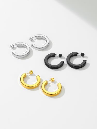 Image of Stainless Steel Chunky Hoop Earrings For Women, Minimalist and Chic, Black /Gold Plated, Round Hoops Earrings Hypoallergenic, Size: 30mm /40mm /60mm /80mm, Come with Box
