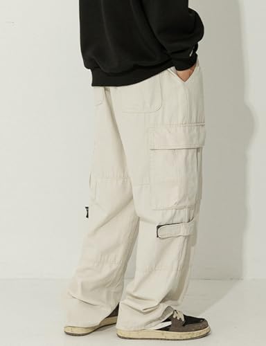 Men's Cotton Cargo Pants Mulit Pockets Drawstring Waisted Loose Straight Trousers3