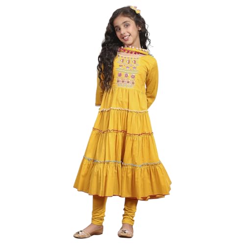 Image of Biba Girls 3 /4 Sleeve 100% Cotton Round Neck Kurta Set