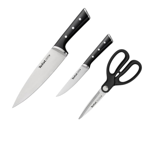 Tefal Ice Force 3-teiliges Messerset, Kochmesser, Universalmesser, Küchenschere, Klinge aus deutschem Edelstahl, lang anhaltende Schneidleistung und Schärfe, Edelstahl/Schwarz, K232S355
