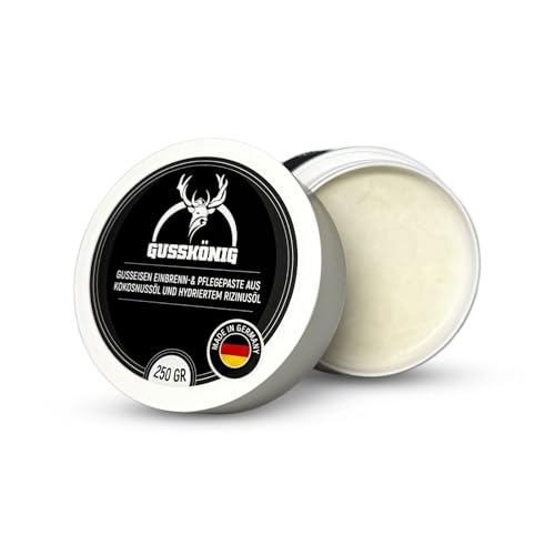 GUSSKÖNIG Gusseisen Pflegepaste 250 ml – Made in Germany – 100% natürliche Pflege mit Bienenwachs & Kokosöl – für Dutch Oven, BBQ & Kazan Gusseisen – Einbrennen & Rostschutz für Pfannen & Grillplatten