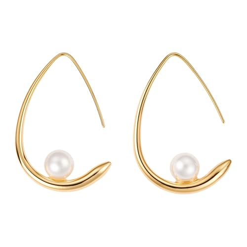 Teardrop Pearl Earrings for Women, 18K Gold Plated Dangle Hoop Earrings - image 1