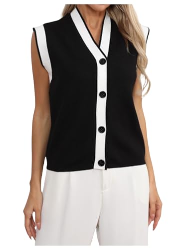 Image of MakeMeChic Women's Contrast Binding Sweater Vest V Neck Button Down Sleeveless Sweater Cardigan Knitwear Black and White X-Large