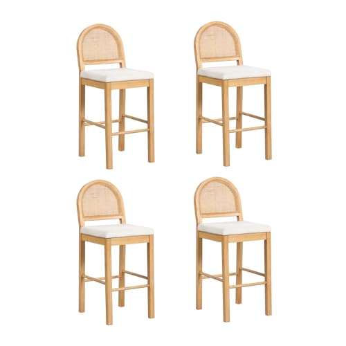 Image of Nathan James Bailey 29 in. Boucle Bar Stool with Back, Upholstered Kitchen Stool with Natural Rattan Woven Back and Solid Wood Legs, Oak Finish, Set of 4