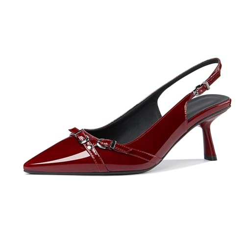 Image of Kitten Heels for Women Closed Pointed Toe Heels Patent Leather Low Heel Slingback Dress Shoes Feature Adjustable Buckle for Date Party Work Office Comfortable Sexy Pumps Shoes