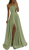 Tvuyet Women's Sexy Satin Prom Dresses Sage Green Long Spaghetti Straps Aline High Waist Evening Gowns with Slit Sage Green 6
