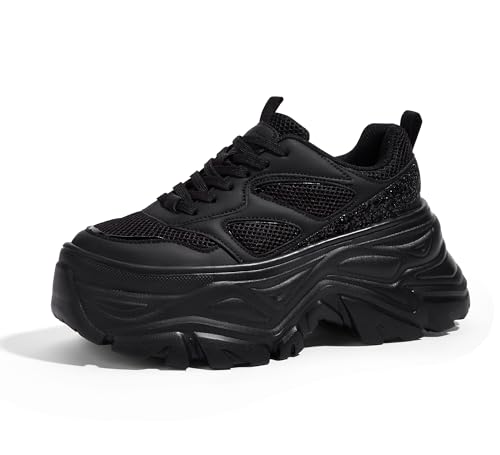 LUCKY STEP Women's Rhinestone Chunky Sneakers Breathable Lace-Up Platform Walking Sneakers Fashion Casual Dad Shoes