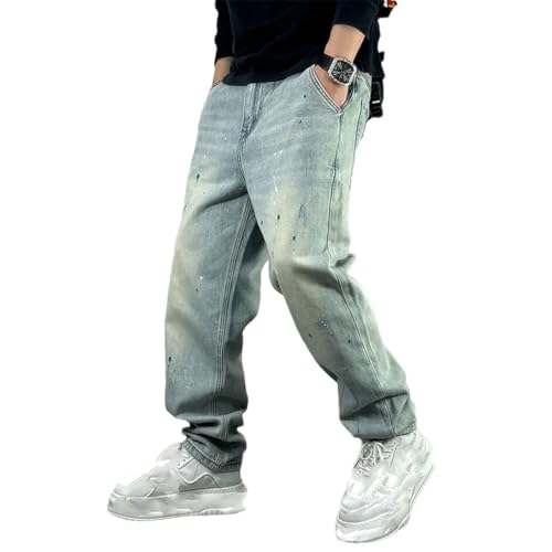 Men’S Streetwear Splash Ink Loose Denim Cargo Pants Slim Fit Full Length Button Fly Light Distressed Wash Trousers
