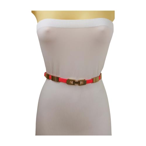 Women Neon Coral Pink Belt - Hip High Waist Skinny Waistband Gold Metal Hardware S M L3