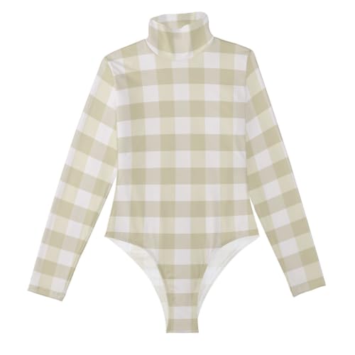 Body de manga larga beige a cuadros con cuello alto falso para mujer
