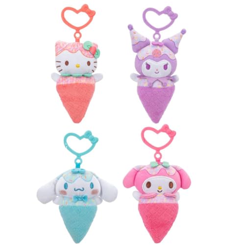 Image of Hello Kitty and Friends 4-Pack Ice Cream Clip-On Plush Featuring Hello Kitty, Kuromi, My Melody, and Cinnamoroll with Unique Bow Clips