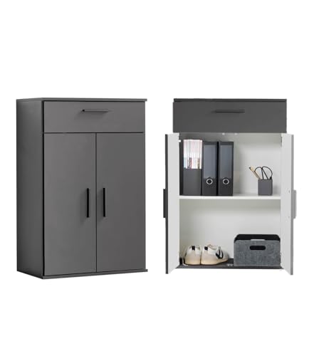 mokebo Mehrzweckschrank Büroschrank 'Der Praktische' (60x90 cm) aus Holz, mit Schublade, Aktenschrank, auch als Schuhschrank, Flurschrank oder Aufbewahrungsschrank in Anthrazit Schwarz