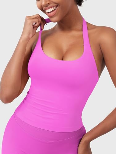 Image of YEOREO SoftHue Women's Impact Halter Tank Top Longline Backless Scoop Neck Built-in Bra Sports Workout Gym Crop Top