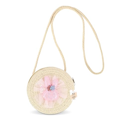 NFI Essentials Women Round Sling Bag, Stylish Shoulder, Travel Crossbody Purse, Jute Zipper Closure Straw Side Latest, White