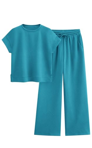 Image of PRETTYGARDEN 2 Piece Outfits For Women Casual Tracksuit Short Sleeve Tops And Wide Leg Long Pants Matching Lounge Sets