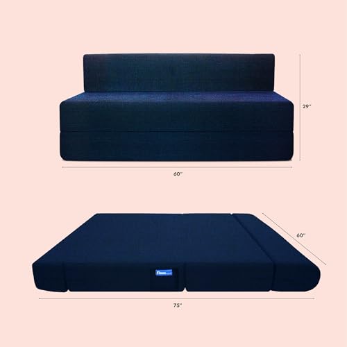 Image of Starlon 3 Seater Foldable Sofa Cum Bed 3-in-1 with 2 Floral Pattern Pillows, Washable Jute Fabric Cover, Space Saving Guest Bed, Pre-Assembled Royal Navy Blue 5x6.25 Ft