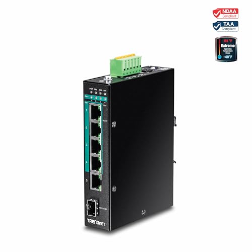 Image of TRENDnet 6-Port Hardened Industrial Gigabit Poe+ Layer 2 Managed DIN-Rail Switch, 4 x Gigabit PoE+ 802.3at Ports, 1 x Gigabit Port, 1 x Gigabit SFP Slot, 120W Power Budget, Black, TI-PG541i