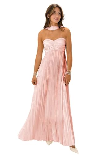 RYANTH Chiffon Strapless Bridesmaid Dresses for Women Pleated Long Prom Dress A Line Formal Evening Gown with Scarf