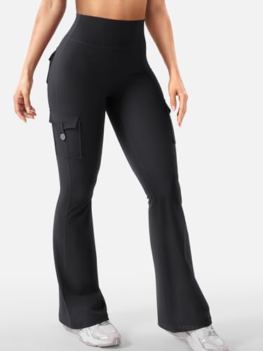 YEOREO CoreFlex Women Workout Flare Leggings with Pockets Hidden Scrunch High Waisted Cargo Gym Yoga Leggings Black XL - 3