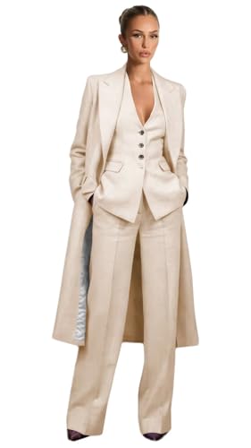 Linen Suits for Women 3 Piece V Neck Womens Suit Casual Street Shoot Long Blazer Vest Pants Tuxedo Casual Pant Suit
